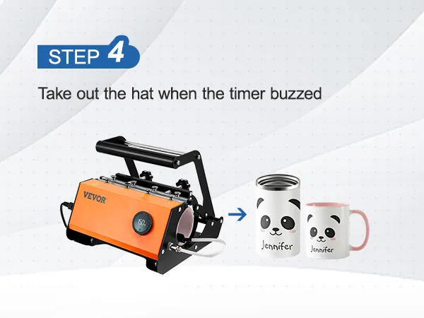 VEVOR tumbler heat press tutorial step 4: remove tumbler when timer buzzes; decorated tumbler and mug.