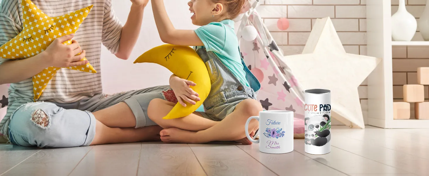 children playing with star and moon pillows, accompanied by custom mugs made with VEVOR tumbler heat press.