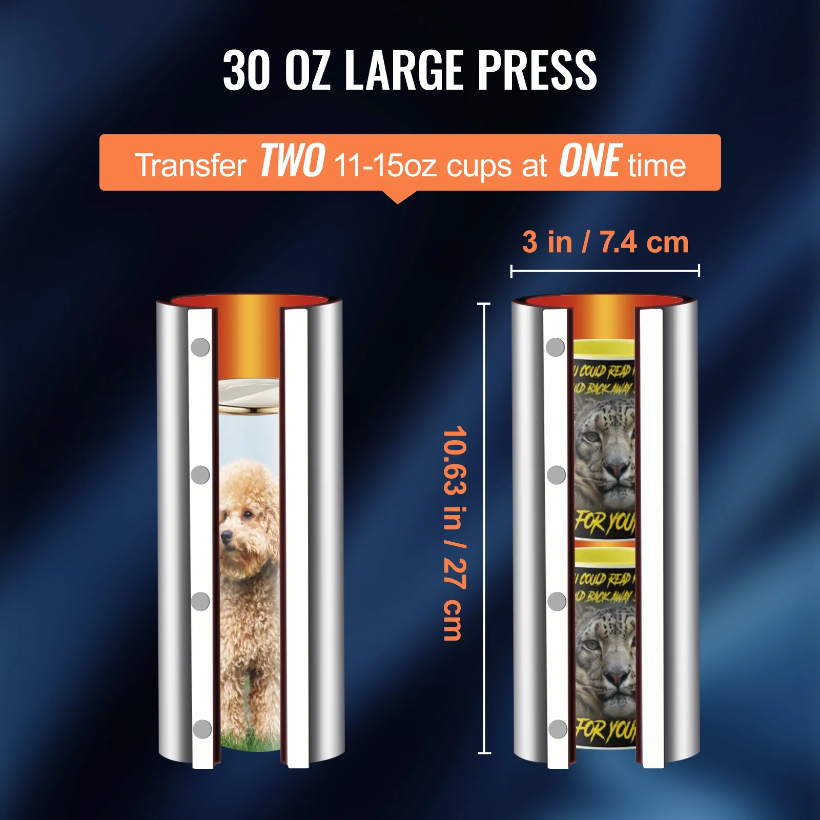 VEVOR tumbler heat press, 30 oz capacity, transfers two 11-15 oz cups at once, dimensions labeled.