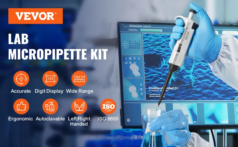 scientist uses VEVOR lab micropipette kit for accurate measurements, displayed on a digital screen.