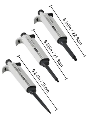 VEVOR lab micropipette kit with adjustable volumes, three sizes: 22.8cm, 24.4cm, 25cm.