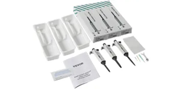 VEVOR lab micropipette kit with four pipettes, manuals, and accessories arranged on a white surface.