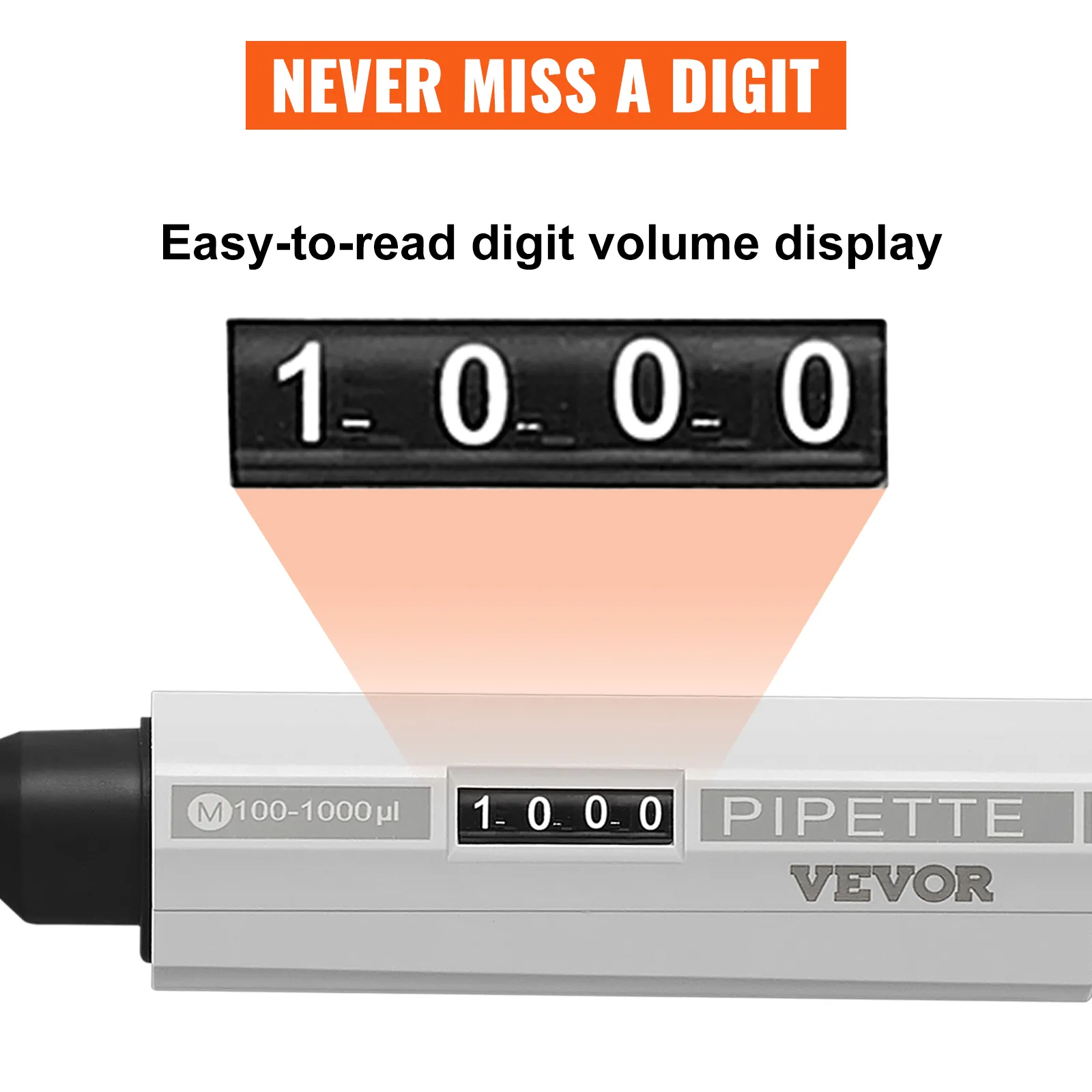 VEVOR lab micropipette kit with easy-to-read digit volume display, range 100-1000µl, accurate measurements.