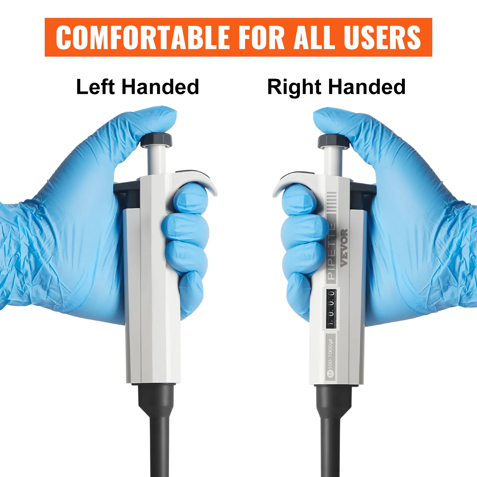 VEVOR lab micropipette kit being used left and right handed, highlighting user comfort.