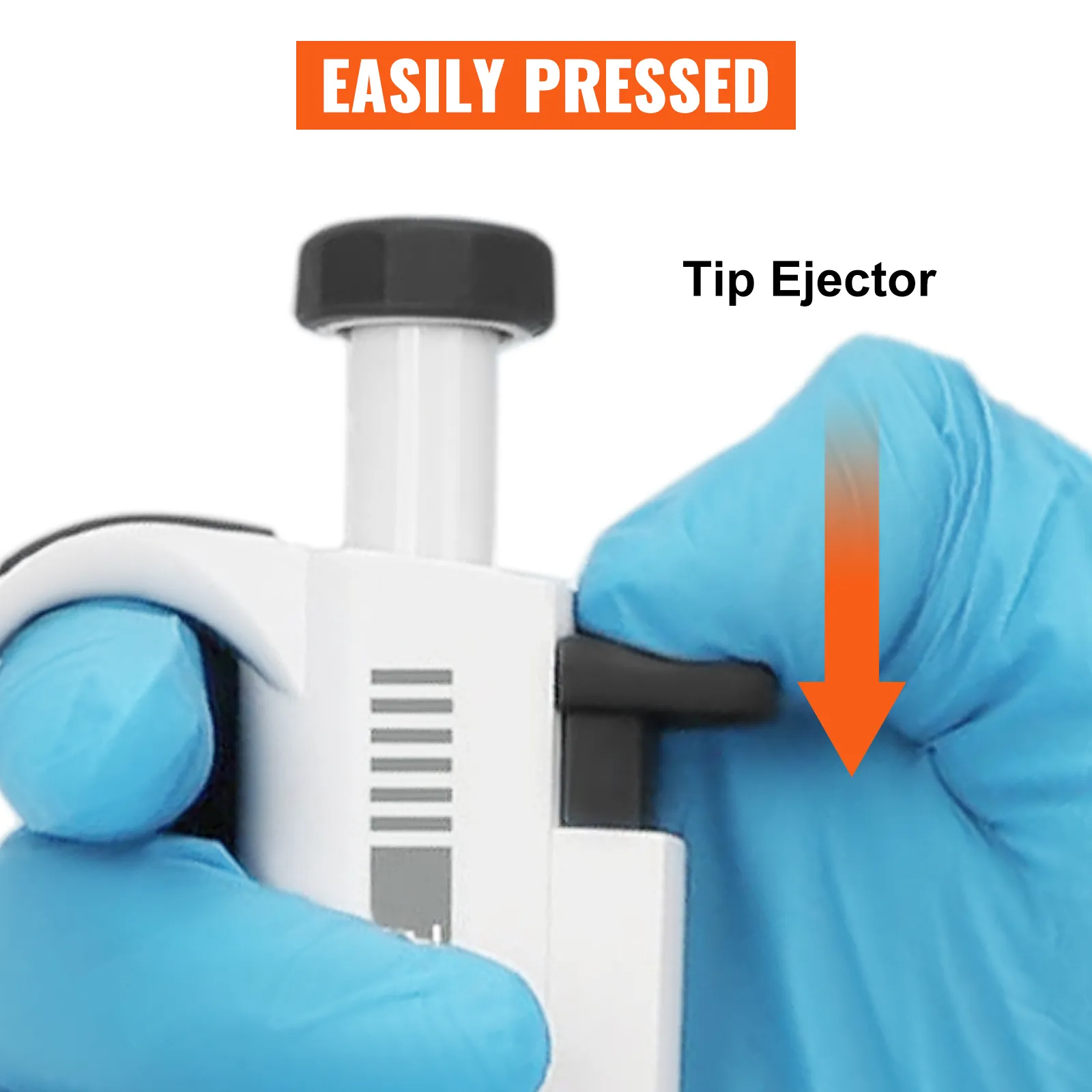 gloved hands using VEVOR lab micropipette kit with labeled tip ejector button. easily pressed.