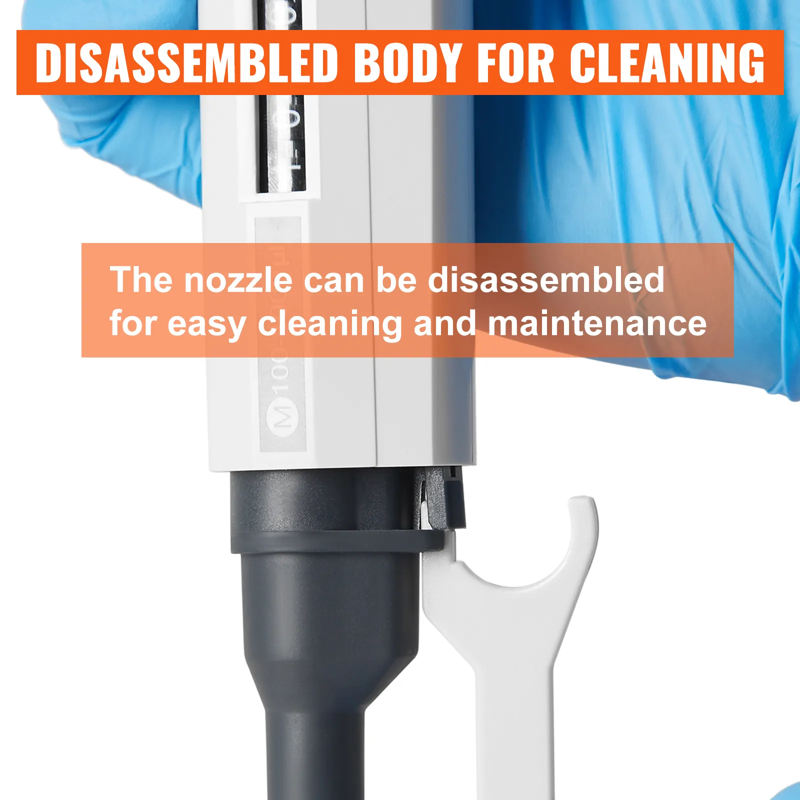 disassembled VEVOR lab micropipette kit nozzle for easy cleaning and maintenance.
