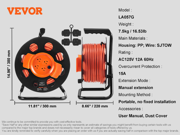 VEVOR Extension Cord Reel, 100FT, with 4 Outlets and Dust Cover