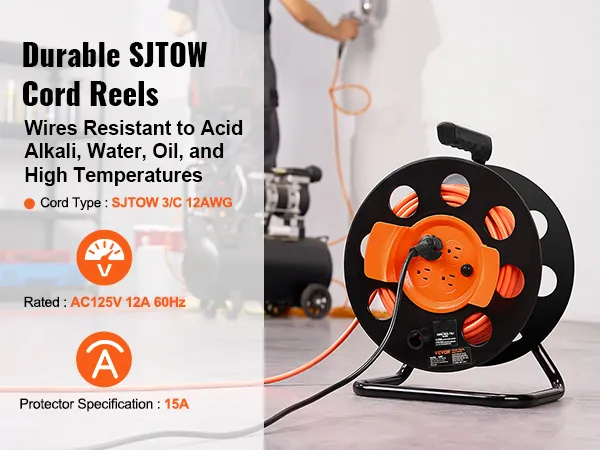VEVOR Retractable Extension Cord Reel, 65 Ft, Heavy Duty 12AWG/3C Sjtow Power Co