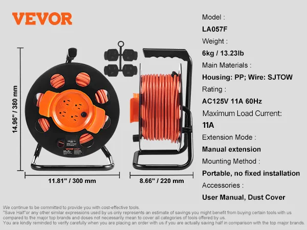 Carrete de cable alargador VEVOR, modelo la057f, 14,96” de altura, cable naranja, 4 salidas, portátil, protección 13a.