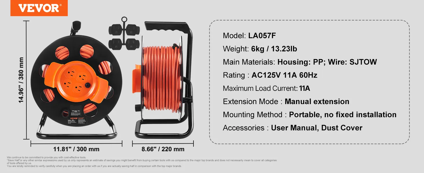 Carrete de cable alargador VEVOR, modelo la057f, 14,96” de altura, cable naranja, 4 salidas, portátil, protección 13a.