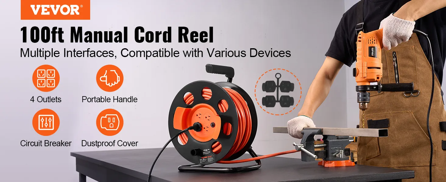 Carrete de cable de extensión VEVOR de 100 pies con 4 salidas, mango portátil, disyuntor y cubierta a prueba de polvo.