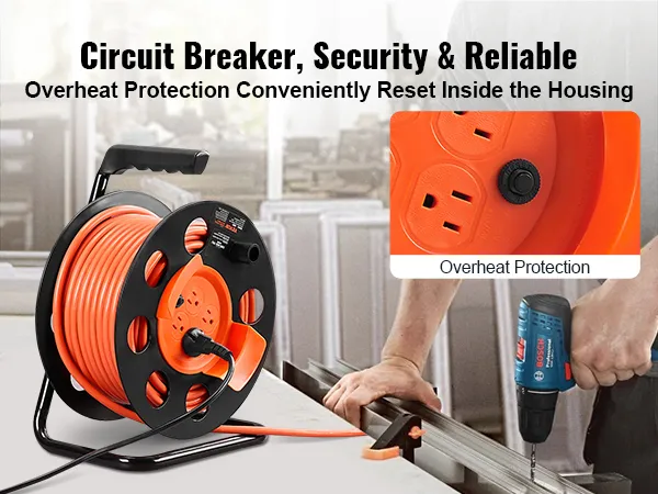 Carrete de cable de extensión VEVOR con protección contra sobrecalentamiento y disyuntor para una seguridad confiable.