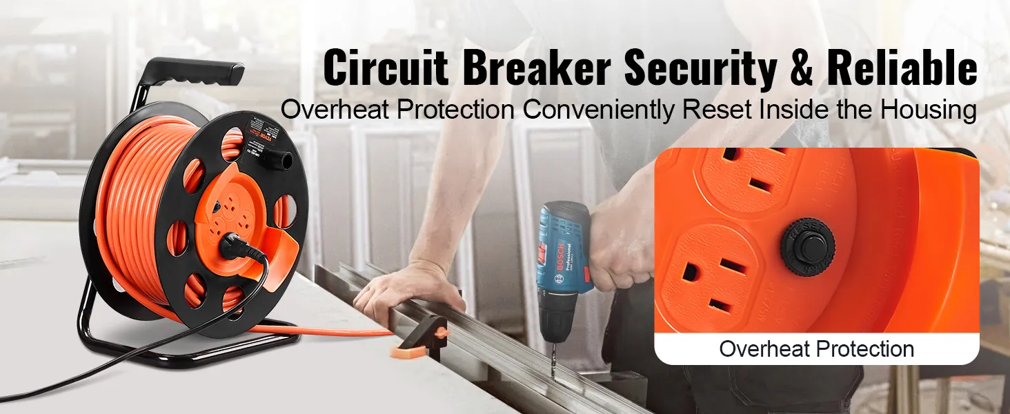Carrete de cable de extensión VEVOR con protección contra sobrecalentamiento y disyuntor para una seguridad confiable.