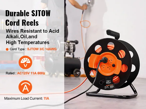 Carrete de cable de extensión VEVOR duradero con cable SJTO 14 AWG, resistente a ácidos, álcalis y altas temperaturas.
