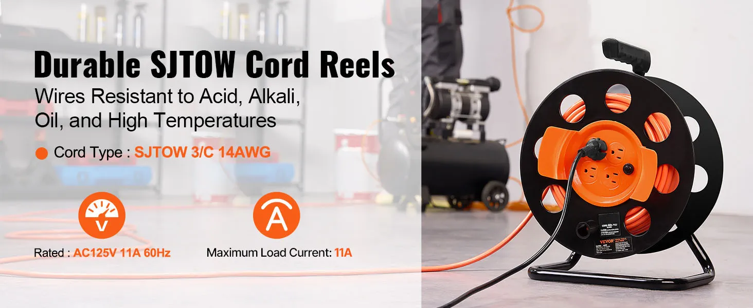 Carrete de cable de extensión VEVOR duradero con cable SJTO 14 AWG, resistente a ácidos, álcalis y altas temperaturas.