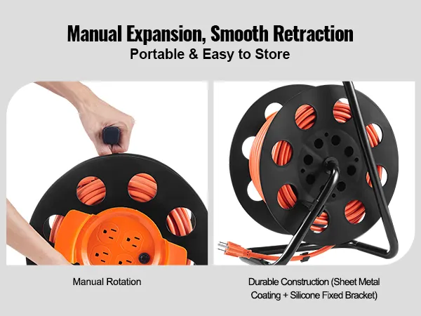 Carrete de cable de extensión VEVOR de expansión manual con retracción suave y construcción duradera.