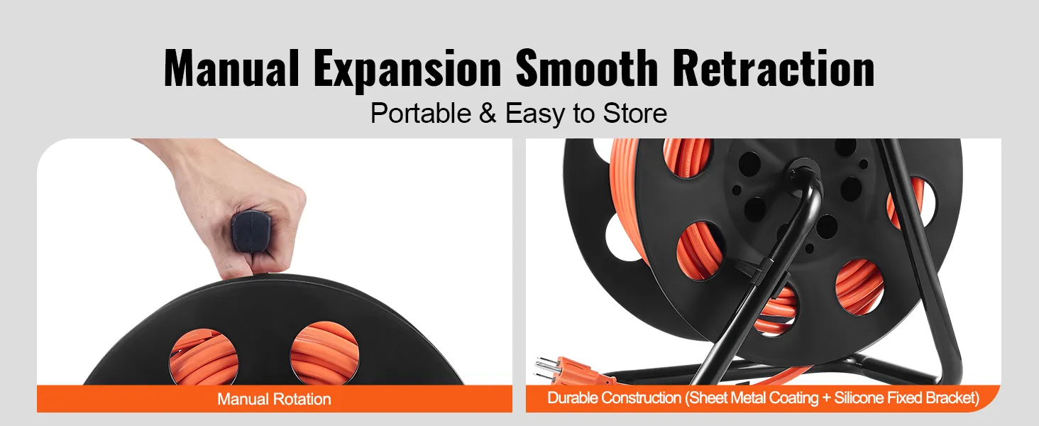 Carrete de cable de extensión VEVOR de expansión manual con retracción suave y construcción duradera.