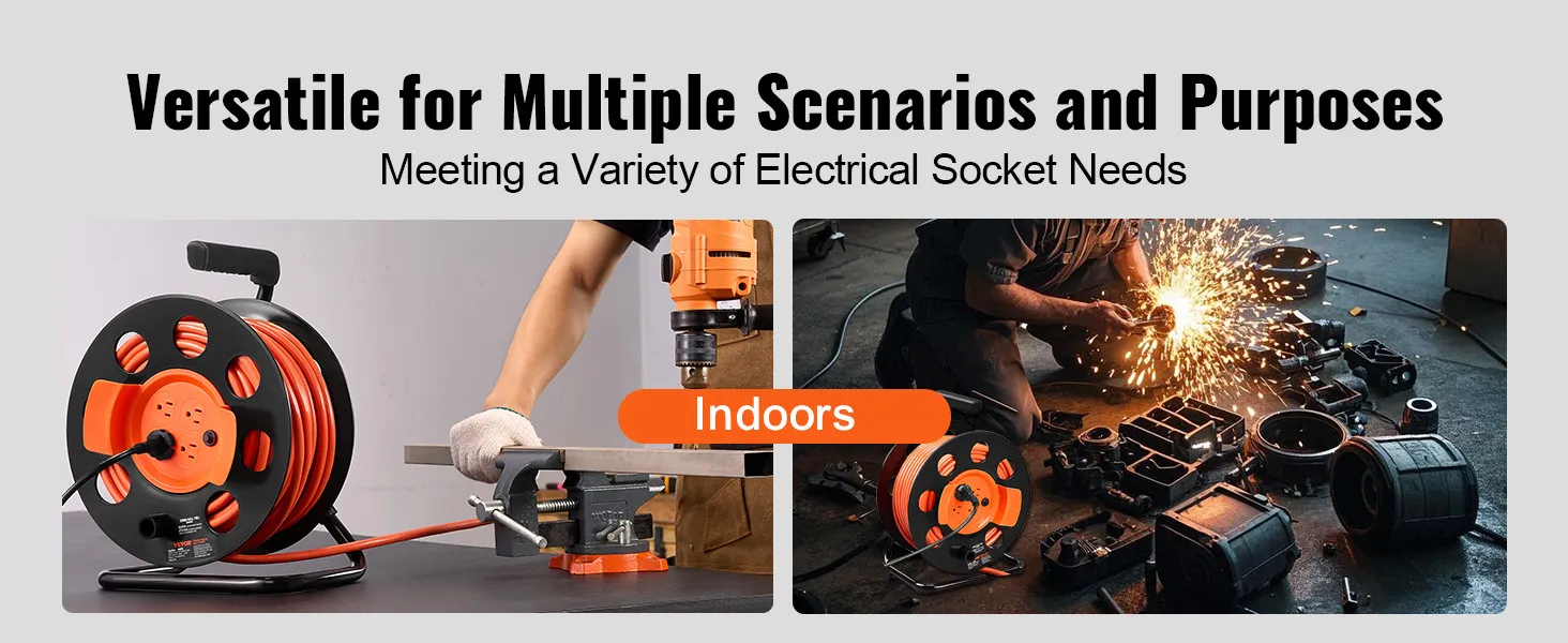 Carrete de cable alargador VEVOR utilizado en tareas de carpintería y construcción, adecuado para interiores y exteriores.