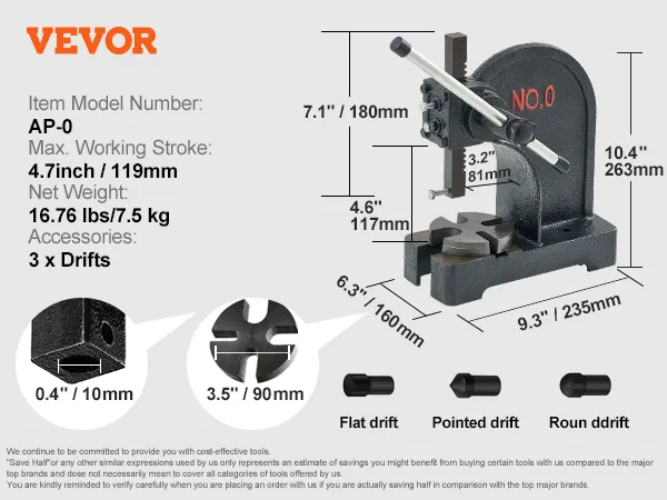 Prensa de husillo VEVOR modelo ap-0 con dimensiones y detalles de mandriles: plana, puntiaguda, redonda.
