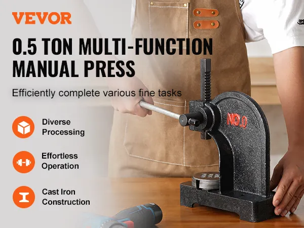 Prensa de husillo VEVOR, prensa manual multifunción de 0,5 toneladas en uso sobre una mesa de madera.