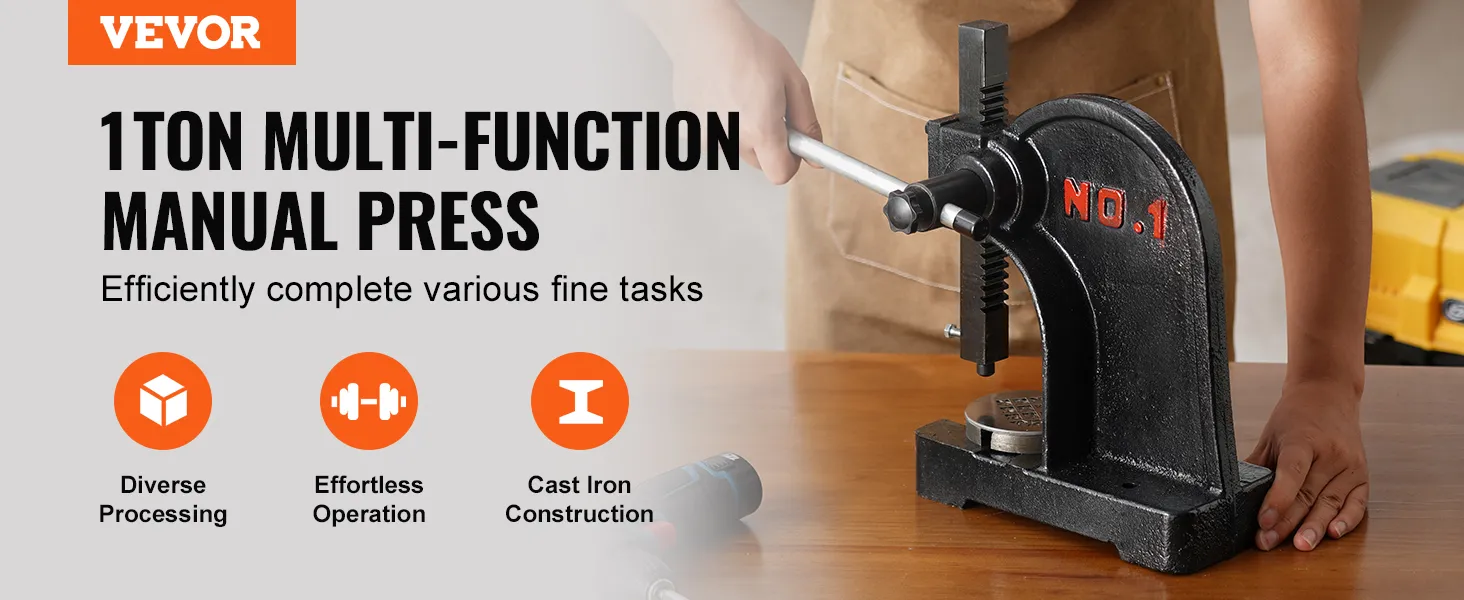 VEVOR arbor press, 1-ton manual press for diverse processing and effortless operation, cast iron construction.