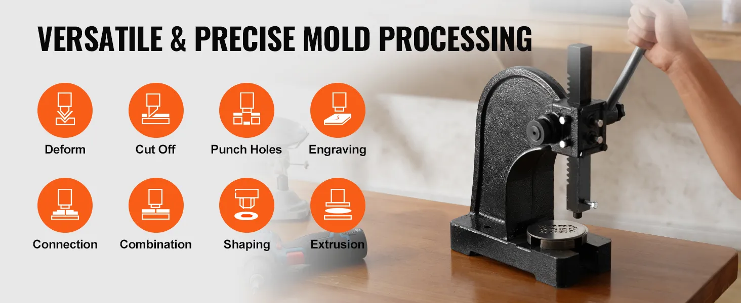VEVOR arbor press for versatile and precise mold processing with options for deform, cut, punch, and more.