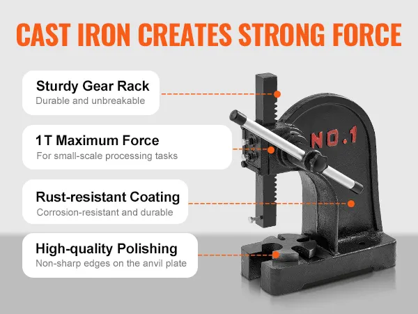 VEVOR arbor press with 1t force, sturdy gear rack, rust-resistant coating, and high-quality polishing.