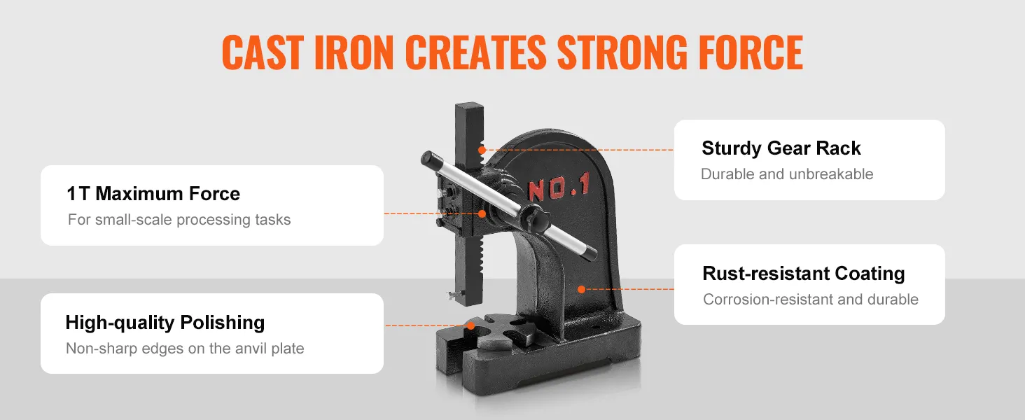 VEVOR arbor press with 1t force, sturdy gear rack, rust-resistant coating, and high-quality polishing.