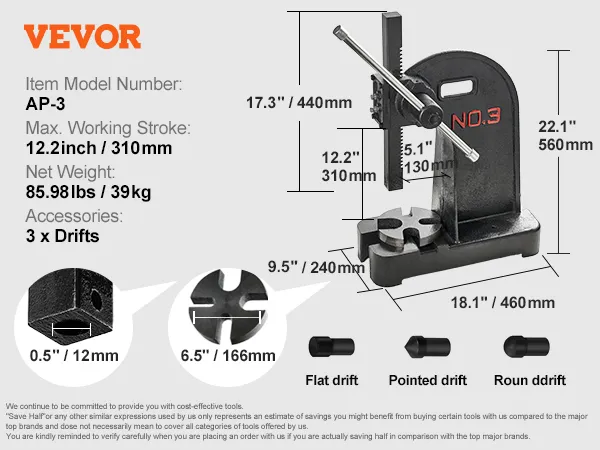 VEVOR ap-3 handpresse, 12,2 zoll hub, 39 kg, 3 driftwerkzeuge.