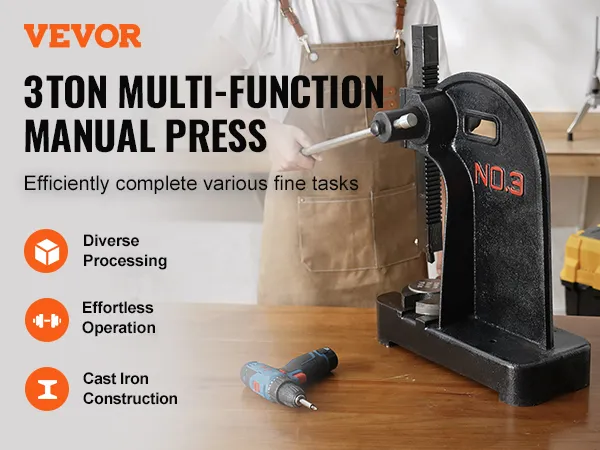 VEVOR-Dornpresse: 3-Tonnen-Multifunktions-Handpresse mit vielfältiger Verarbeitung und Gusseisenkonstruktion.