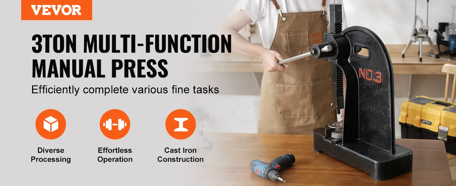 VEVOR-Dornpresse: 3-Tonnen-Multifunktions-Handpresse mit vielfältiger Verarbeitung und Gusseisenkonstruktion.