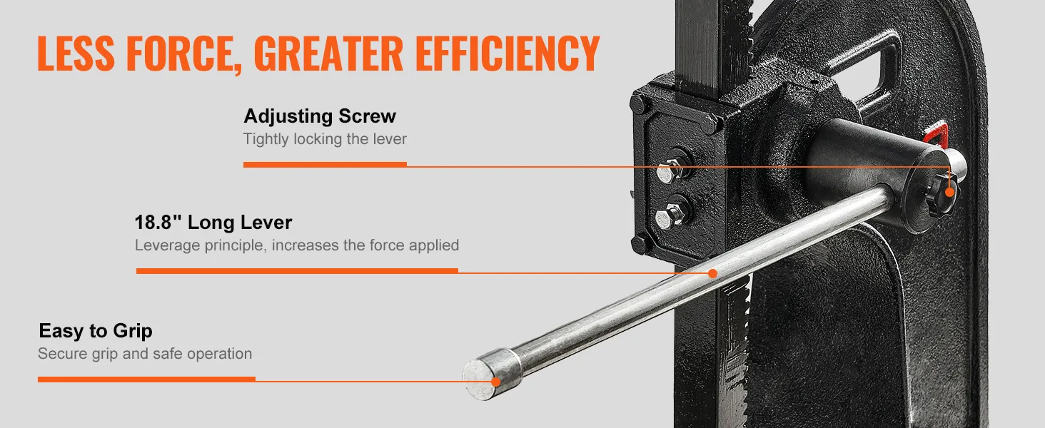 weniger Kraft, höhere Effizienz, VEVOR Dornpresse mit 18,8" Hebel, sicherem Griff und Einstellschraube.