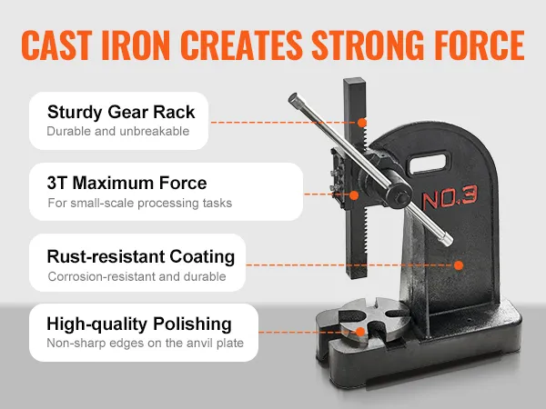 Die Dornpresse von VEVOR besteht aus Gusseisen, hat eine maximale Kraft von 3 t, eine robuste Zahnstange, eine hochwertige Politur und eine rostbeständige Beschichtung.