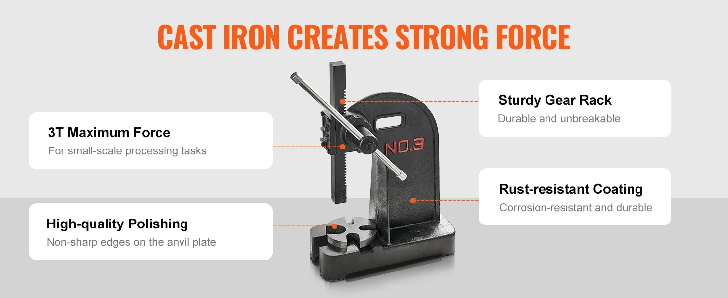 Die Dornpresse von VEVOR besteht aus Gusseisen, hat eine maximale Kraft von 3 t, eine robuste Zahnstange, eine hochwertige Politur und eine rostbeständige Beschichtung.