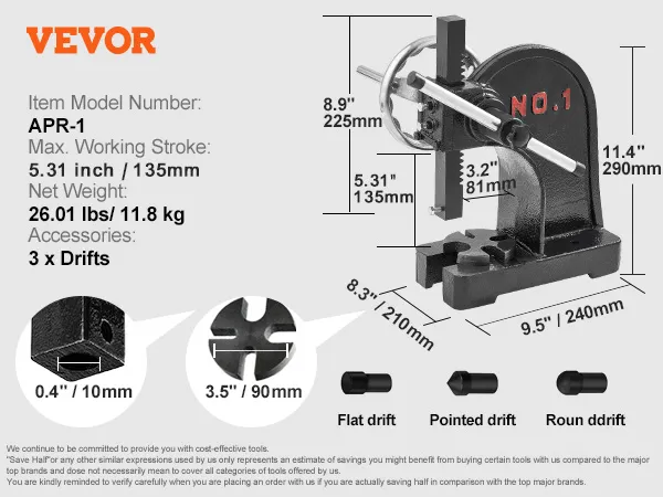 VEVOR-doornpers apr-1 met drijvers, 5,9 inch slag, gewicht van 26,01 lbs en weergegeven afmetingen.