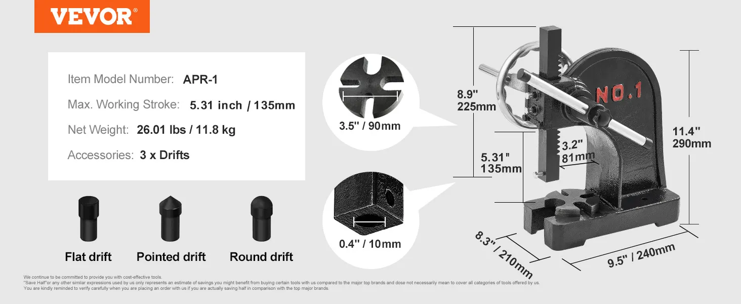 VEVOR-doornpers apr-1 met drijvers, 5,9 inch slag, gewicht van 26,01 lbs en weergegeven afmetingen.