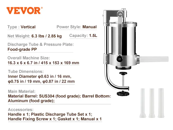 VEVOR sausage stuffer, manual, 1.5l, stainless steel with plastic discharge tubes.