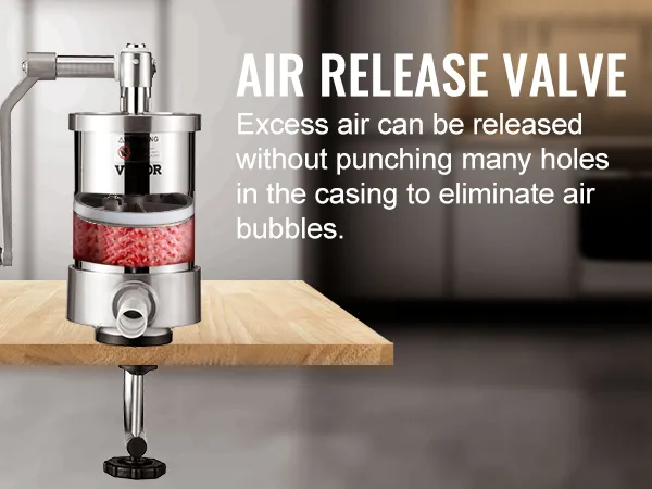 VEVOR sausage stuffer with air release valve on kitchen counter, eliminating air bubbles in casings.