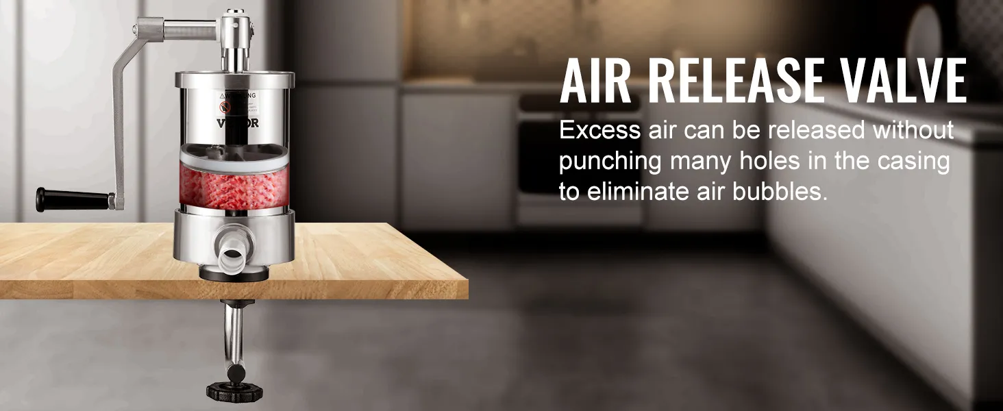 VEVOR sausage stuffer with air release valve on kitchen counter, eliminating air bubbles in casings.