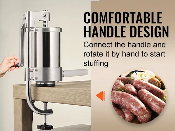 VEVOR sausage stuffer with comfortable handle design for easy stuffing, featuring images of fresh sausages.