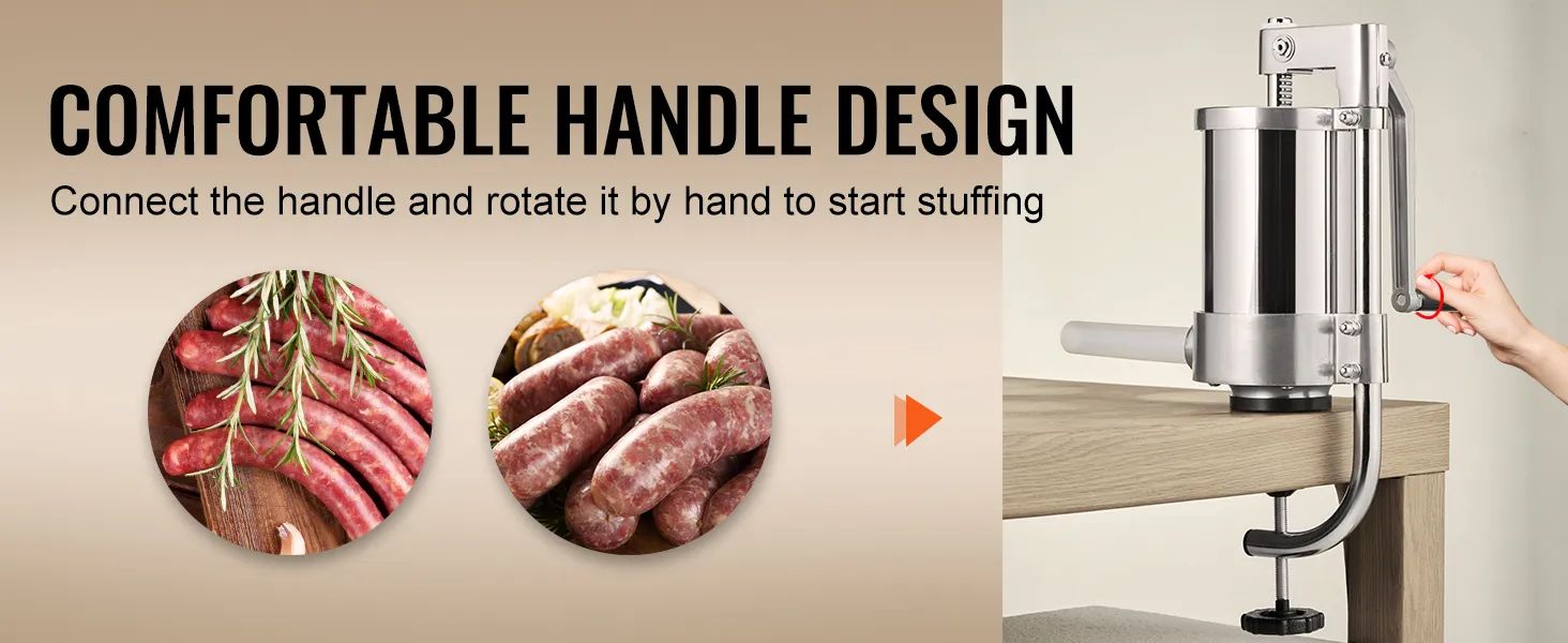 VEVOR sausage stuffer with comfortable handle design for easy stuffing, featuring images of fresh sausages.