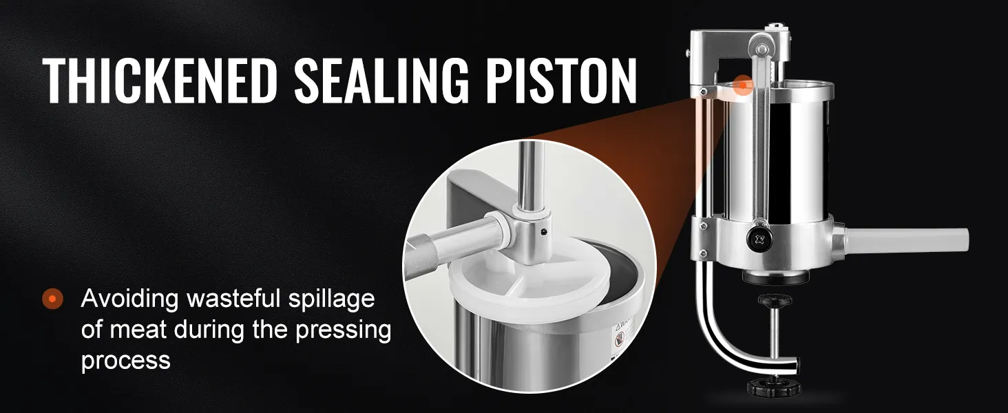 thickened sealing piston of the VEVOR sausage stuffer prevents meat spillage during the pressing process.