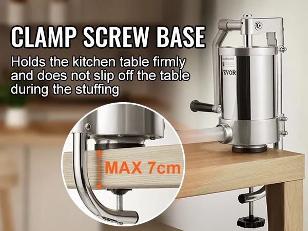 VEVOR sausage stuffer clamp screw base holds firmly to the table, ensuring stability during stuffing.