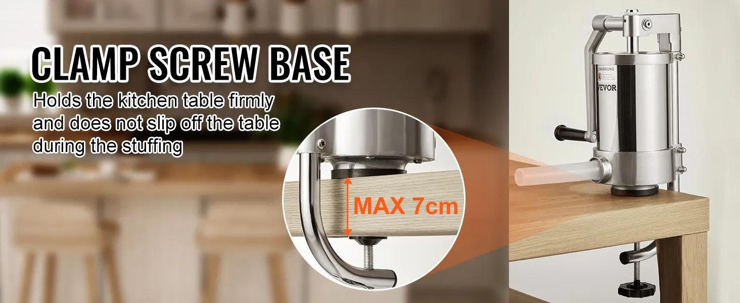 VEVOR sausage stuffer clamp screw base holds firmly to the table, ensuring stability during stuffing.