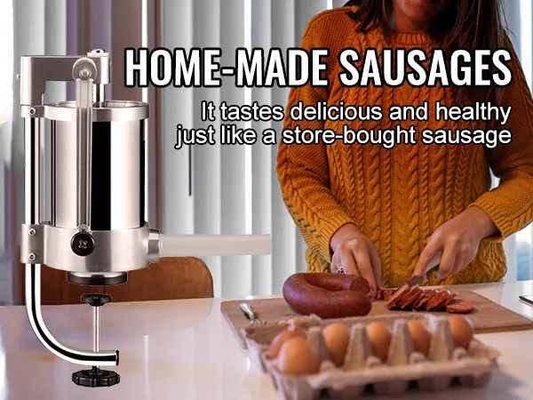 VEVOR sausage stuffer displayed on kitchen counter while someone slices homemade sausages.