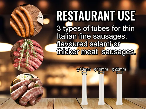restaurant use with VEVOR sausage stuffer; 3 tube sizes for fine sausages, salami, or thicker sausages.