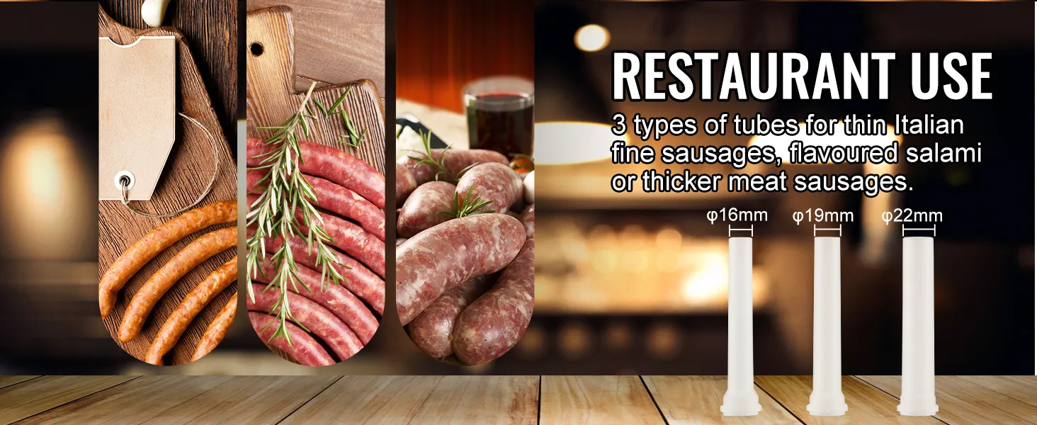 restaurant use with VEVOR sausage stuffer; 3 tube sizes for fine sausages, salami, or thicker sausages.