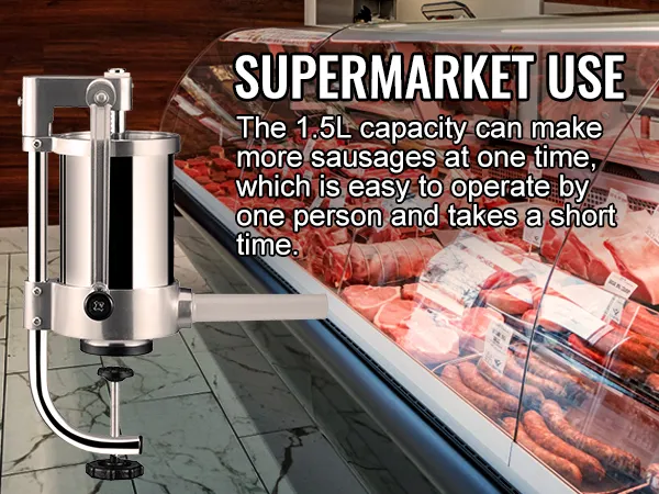 VEVOR sausage stuffer displayed with sausages in a supermarket, highlighting its 1.5l capacity for quick use.
