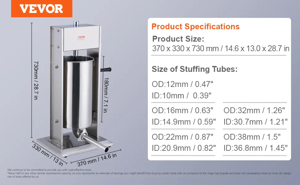 VEVOR sausage stuffer with dimensions and stuffing tube sizes displayed alongside the product.