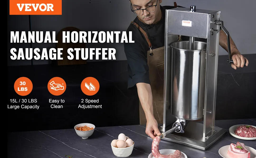 VEVOR sausage stuffer: manual horizontal design, 15l capacity, 2-speed adjustment, and easy to clean.